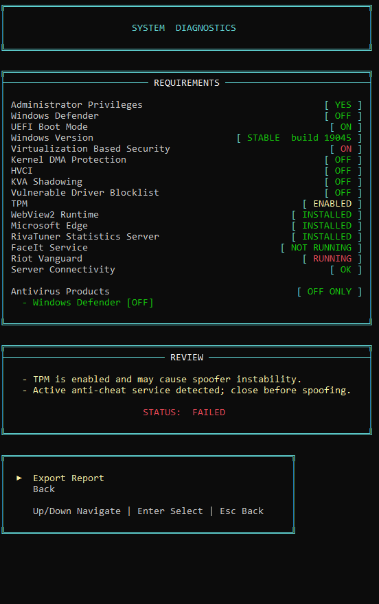 System Diagnostics result screen